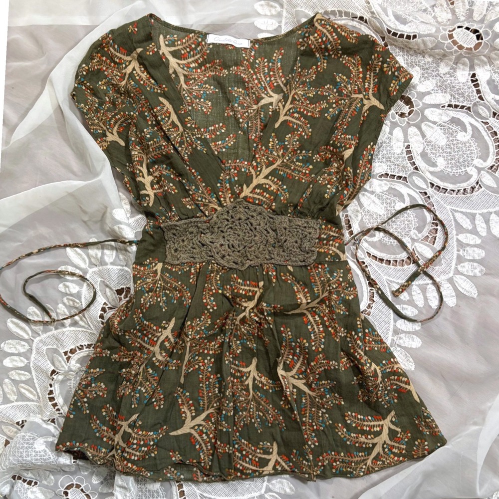 Y2K Garden Fairy Babydoll Charlotte Russe Olive Green Crochet Empire Waist Boho